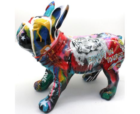 Yuvi - a resin French bulldog 'Believe in Yourself' with Marilyn Monroe, Campbell Soup can, Tiger etc... 12.5in high by 16in 