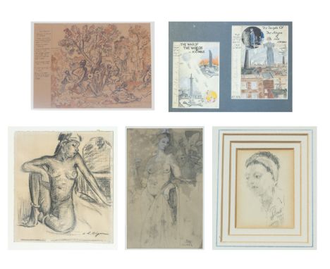 Pencil drawing female head signed and dated 1941 'Prust' Rough sketch designs for book covers 'The War if the Worlds' and 'Th
