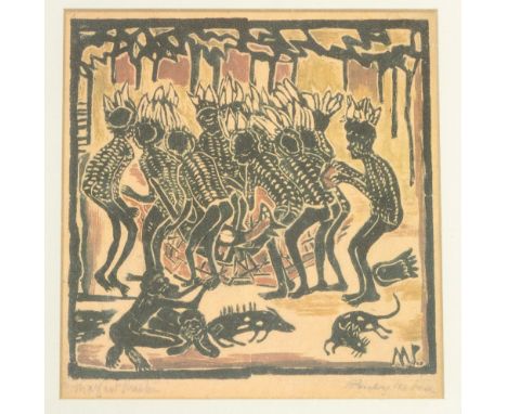 Margaret Rose Preston (1873-1963) 'Pointing the bone' aboriginal print. Signed to the bottom left and titled bottom right. Fr