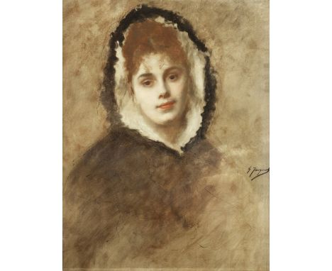 Gustave Jean Jacquet (French, 1846-1909)Portrait of a lady with a fur lined hood signed 'G Jacquet' (lower right)oil on panel