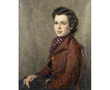 Reginald Grange Brundrit (British, 1883-1960)Portrait of Viscountess Swintonsigned 'Brundrit' (upper left) oil on canvas  76.