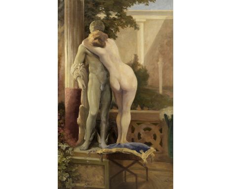 Adam Styka (Polish, 1890-1959)Nude embracing a statue of Hermes signed 'JanSTYKA' (lower right)oil on canvas 82.2 x 132.6cm (