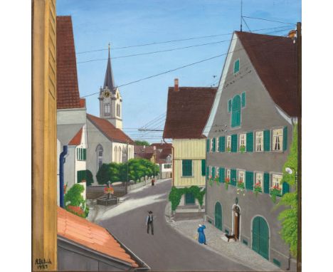 ADOLF DIETRICH(1877 Berlingen 1957)Dorfstrasse in Berlingen. 1925.Öl auf Karton.Unten links signiert und datiert: A. Dietrich