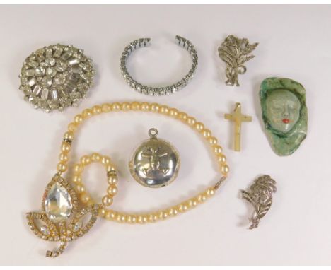 COSTUME JEWELLERY ETC. Paste, ceramic, marcasite &amp; other costume jewellery &amp; Teddy bear rattle.