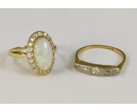 OPAL RING ETC. A yellow metal opal &amp; diamond cluster ring (J) &amp; an 18ct. gold &amp; platinum five stone diamond ring.