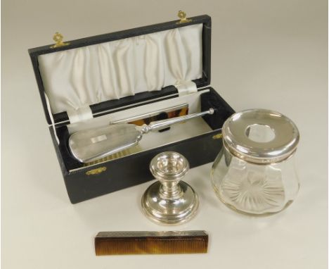 BRUSH SET ETC.A child's two piece silver mounted brush set, cased, a silver mounted hair tidy, a silver mounted comb & a dwar