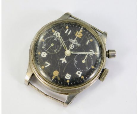 LEMANIA MILITARY WRISTWATCH. A scarce Lemania military stainless steel chronograph wristwatch, c.1955. With black dial, lumin