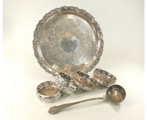 EPNS COASTERS ETC.A set of four EPNS bottle coasters, a Walker & Hall soup ladle & a silver plated salver, diameter 41cm.