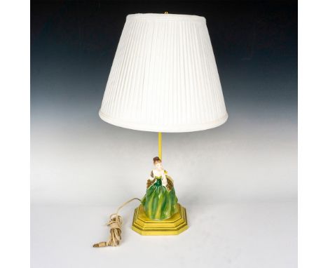 Royal Doulton lamp with porcelain figurine Fleur fixed to base. Unmarked or mark not visible. Includes pleated white lampshad