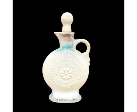 A milk white bottle with a opalescent sheen. Molded as a handle flask with a raised relief. Includes original cork stopper. D