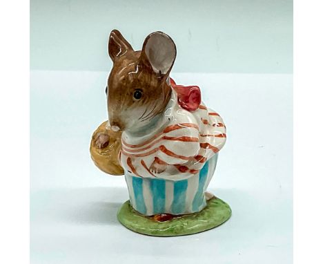 Glazed porcelain figure of wood mouse in a blue striped skirt and red striped blouse. Beswick Beatrix Potter's backstamp. Art