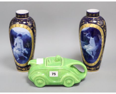 A pair of Vienna style blue lady vases and a Sadler green glazed teapot vases 25cm