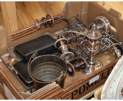 A group of plated wares including tray, pair of candelabra, ice bucket etc.