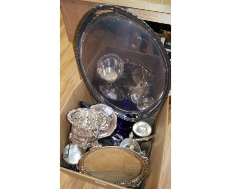 A collection of sundry plated wares, including a two handled tea tray, a syphon stand, a milk jug, a teapot, etc.