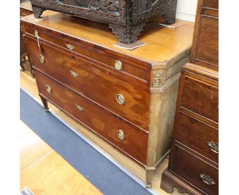 A French Transitional period mahogany commode, fitted three long drawers, on square tapered legs, W.4ft 2in. D.2ft .5in. H.3f