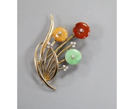 A modern 14k yellow metal, three colour jade and diamond set floral spray brooch, 47mm.