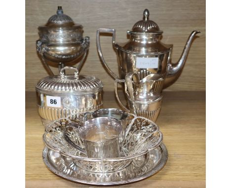 A Scandinavian silver plated three piece tea service, basket, lamp, etc.