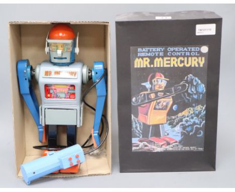 A Japanese Marx Toys Mr Mercury battery-operated robot, with grey tinplate body, blue arms and head, black legs and red feet 