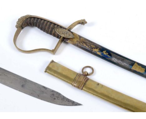 A NAPOLEONIC PERIOD OFFICERS SWORD. A French blue and gilt officers sword, complete with brass scabbard. The hilt of a Lions 