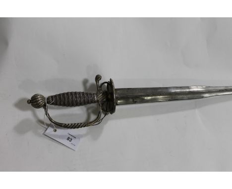 A GENTLEMANS SILVER HILTED SMALLSWORD. Traces of both maker and hall marks are on the shell guards.The ornate hilt of silver 