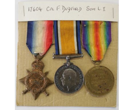 A SOMERSET LIGHT INFANTRY TRIO. A 1914/15 Star, British War &amp; Victory medals named to 17604 Pte F Dudfield Som L I. Fred 