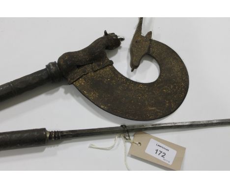 A 19thC MAHOUTS SPIKE WITH GOLD DECORATION. In the shape of an Axe in Deer form, facing a Tiger all of steel construction. Le