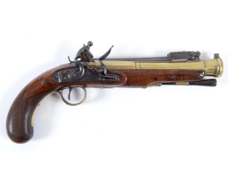 A BLUNDERBUSS PISTOL WITH TOP-SPRUNG BAYONET by TWIGG. A brass barrelled Blunderbuss pistol by John Fox Twigg of London. He w