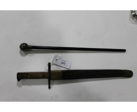 AN ITALIAN BAYONET etc. A model 1891 Italian Carcano bayonet with blackened blade, complete with brass and leather mounted sc