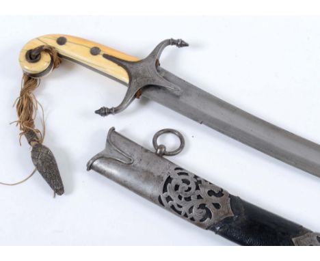 A 19thC MAMELUKE SWORD &amp; SCABBARD. Having ivory grips and steel mounts, steel and black leather mounted scabbard. The rev