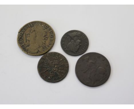 IRISH GUN MONEY. A Gun Money Halfcrown XXX Nov 1689 reverse, a Shilling of September 1689. A George 11 1754 farthing, also a 