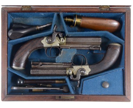 A CASED SET OF PERCUSSION PISTOLS. A pair of side-action travelling or belt pistols, by Williams of London. Having 3.1/4" oct