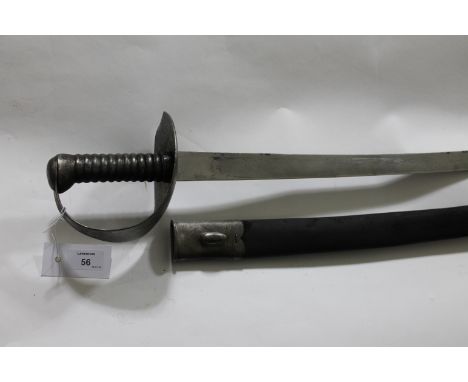 A NAVAL CUTLASS. A 19thC Naval Cutlass 1845/1858 pattern, complete with its steel and leather scabbard. Steel pommel and grip