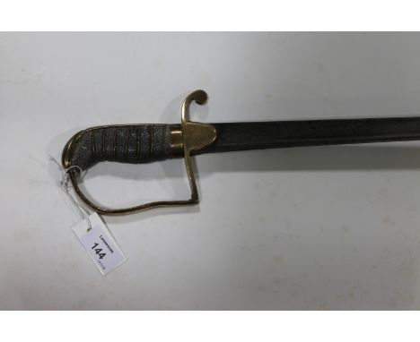 A 19thC NAVAL OFFICERS SWORD. An early 19thC naval officers sword, having a gilt stirrup hilt and anchors on the langets. A s