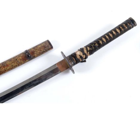 A CIVILIAN KATANA. A Katana in civilian mounts, with the signature Kane Yoshi (made this) three character signatue to the tan