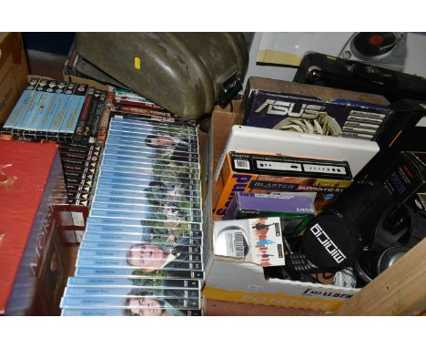 THREE BOXES AND LOOSE CDS, DVDS, MAC BOOK, KINDLE, TURNTABLES AND OTHER ELECTRONICS, to include approximately eighty classica