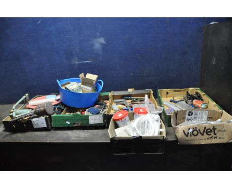 SIX TRAYS AND A TUB CONTAINING TOOLS AND CONSUMABLES including plumbing and electrical consumables, two spray guns, screwdriv