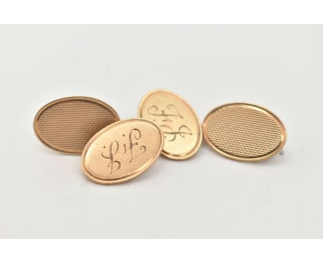 A PAIR OF 9CT GOLD CUFFLINKS, oval form cufflinks with chain link fittings, monogram engraving and engine turned pattern deta