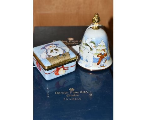 TWO BOXED BORDER FINE ARTS STUDIO 'THE SNOWMAN' ENAMEL WARES, comprising a bell, no A4008, and a 'The Snowman Dressed Up' tri