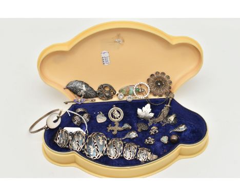 A SELECTION OF SILVER AND WHITE METAL JEWELLERY, to include a Siam bracelet, brooch and pair of earrings, a silver St. Christ