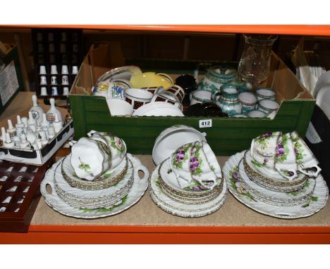 ONE BOX OF CERAMICS AND THIMBLE COLLECTION, to include an Austrian porcelain tea set hand painted with a pansy design, a Wind