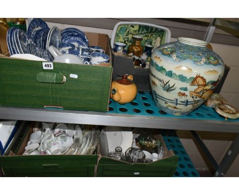 FOUR BOXES OF BLUE AND WHITE TEAWARE AND CERAMICS, to include Myott 'The Brook' design dinnerware, Poole Pottery  twin tone '