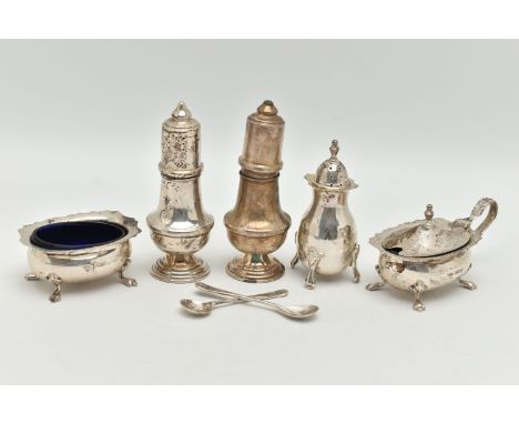 ASSORTED SILVER CONDIMENT PIECES, to include a salt and matching mustard, both with wavy rims, raised on four cabriole legs a