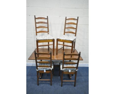 AN ERCOL RECTANGULAR TRESTLE DINING TABLE, length 137cm x depth 77cm x height 74cm, along with a set of four ladder back chai