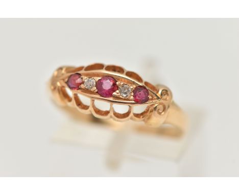 A RUBY AND DIAMOND RING, designed as three graduated rubies interspaced by single cut diamonds, to the scalloped edges and sc