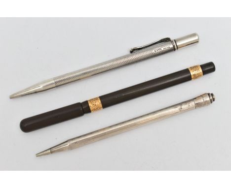 TWO PENCILS AND A FOUNTAIN PEN, to include a silver 'Walker &amp; Hall' propelling pencil, engine turned pattern with vacant 