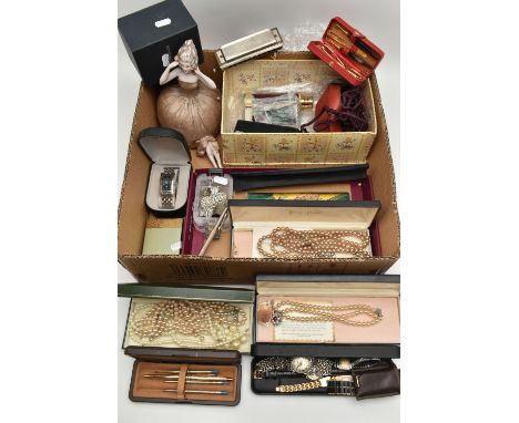 ASSORTED COSTUME JEWELLERY, WATCHES AND PENS, to include three boxes of imitation pearl necklaces, a green enamel metal compa