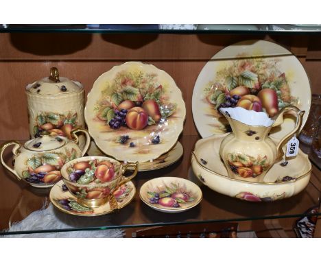 A COLLECTION OF AYNSLEY 'ORCHARD GOLD' PATTERN PORCELAIN, comprising a jug, height 15cm, a scalloped fruit bowl  (surface scr