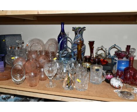 A QUANTITY OF COLOURED GLASSWARE, comprising a Caithness pink swirl heart shaped trinket dish, Tutbury Crystal tankard, a tea