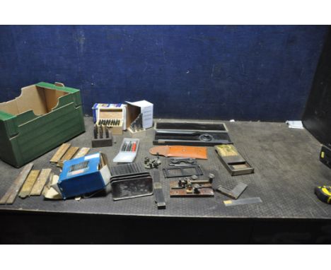 A TRAY CONTAINING TEST EQUIPMENT, TOOLS AND VINTAGE COLLECTABLES including a Somet angle square in case, a Mathieson 5in squa