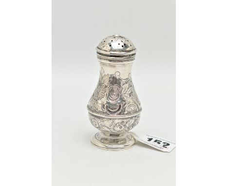 A GEORGE II, SILVER POUNCE POT, floral pattern, monogram engraved with the initials 'AM', hallmarked to the base 'William Gwi